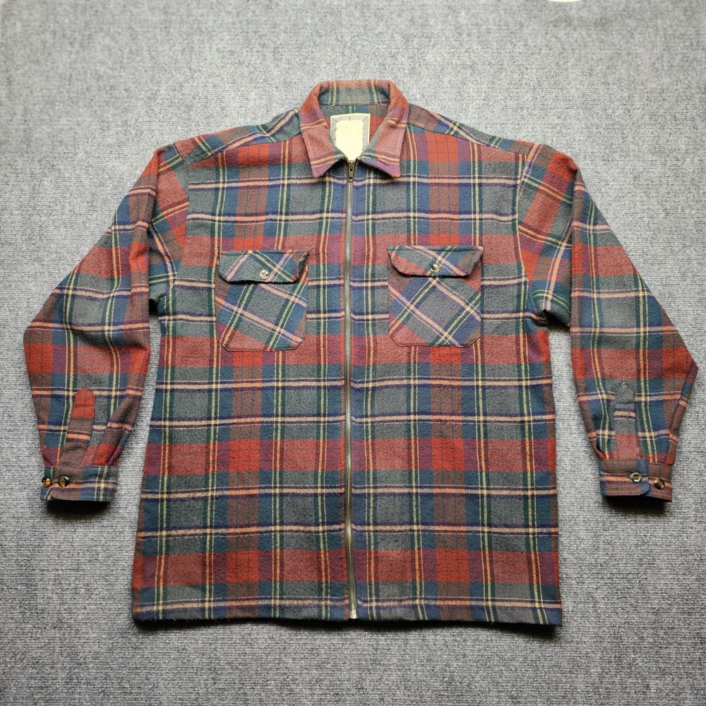 NK Ranch Clothing Co Mens Large Plaid Full Zip Flannel Shirt Jacket Red Green L